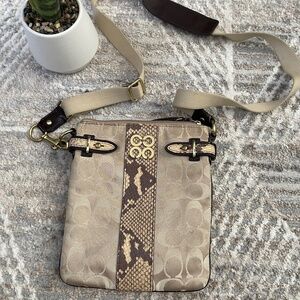Coach Khaki Brown Signature & Reptile Snake Embossed Leather Crossbody